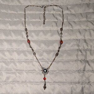 $1 with Bundle ~ Silver Filigree Black Cabochon Red Bead Y Necklace 6311